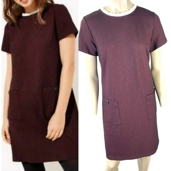 LOFT Houndstooth Tunic Shift Knit Dress Short sleeve Ruffle Neck Burgundy Size 6 - Picture 1 of 14
